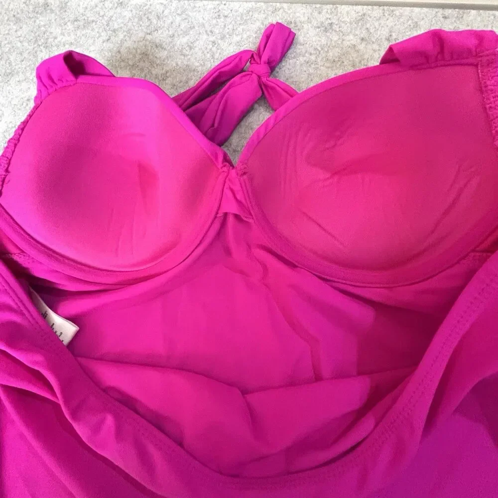 Catalina Hot Pink Halter Tie-Neck Tankini Swim Top Contour Underwire Bra Size XL